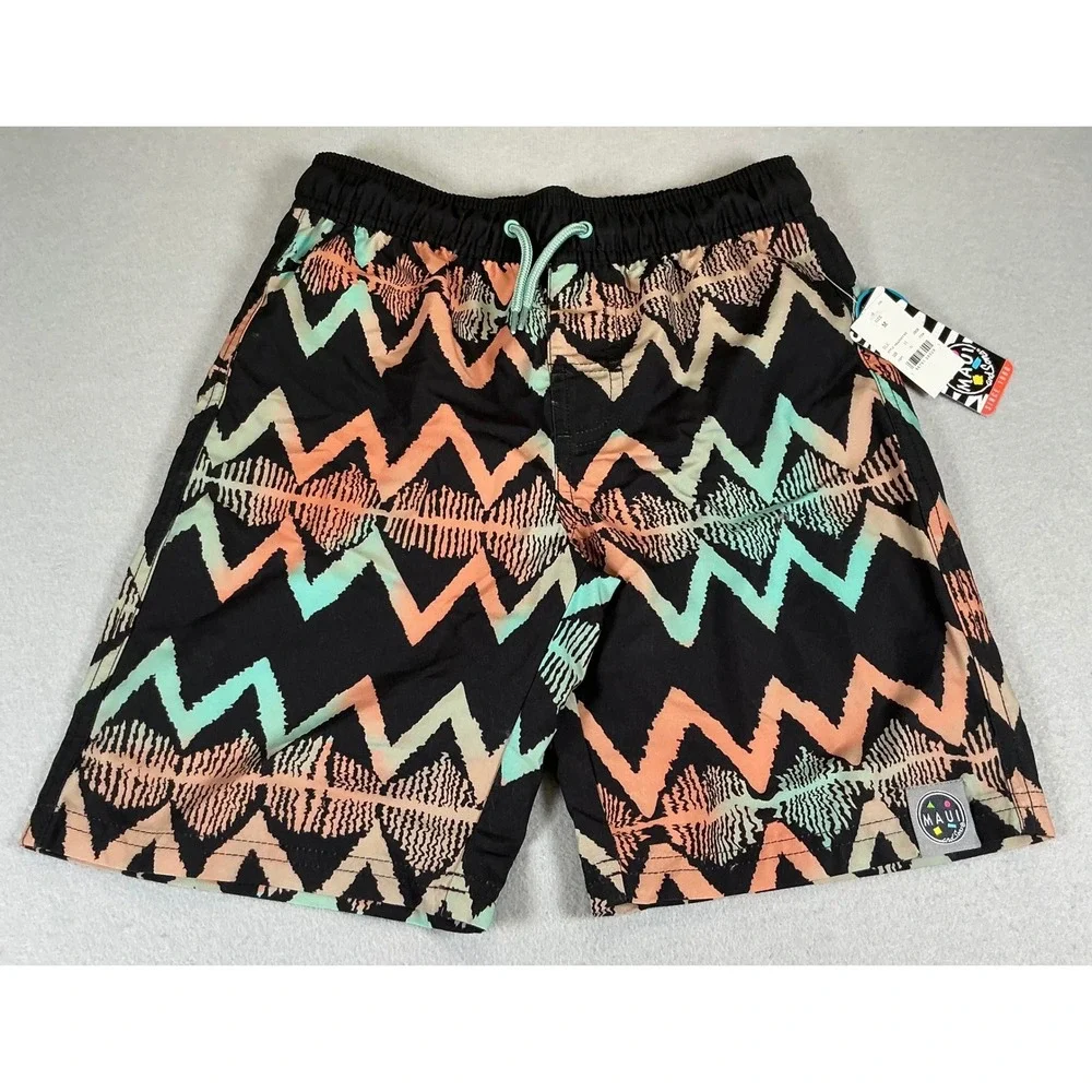 Maui and Sons Mens Swim Trunks Black Zigzag Geometric UPF 50+ Board Shorts M NEW